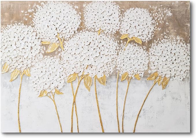 JolyWell White Hydrangea Flower Wall Art, hand-painted Large Canvas Wall Art