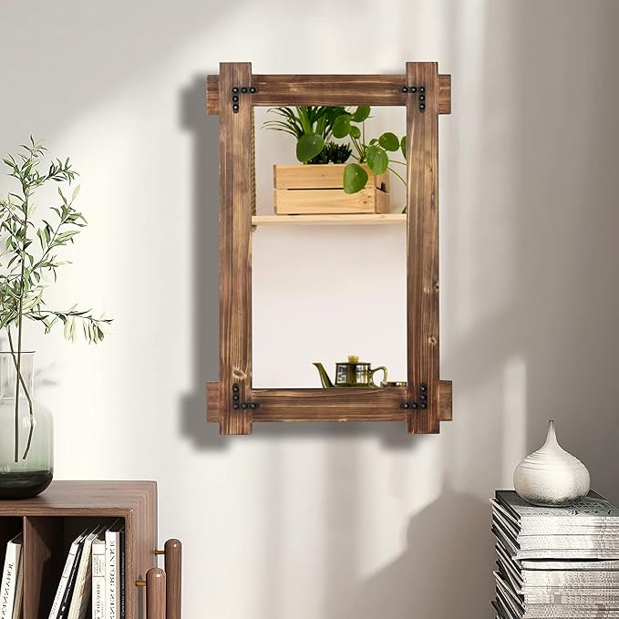 MeMoreCool Large Rustic Wood Framed Wall Mirror, 40x28 Farmhouse Decorative