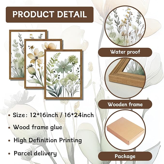 Wood Framed Sage Green Botanical Wall Art Set of 3, Boho Floral Canvas Wall