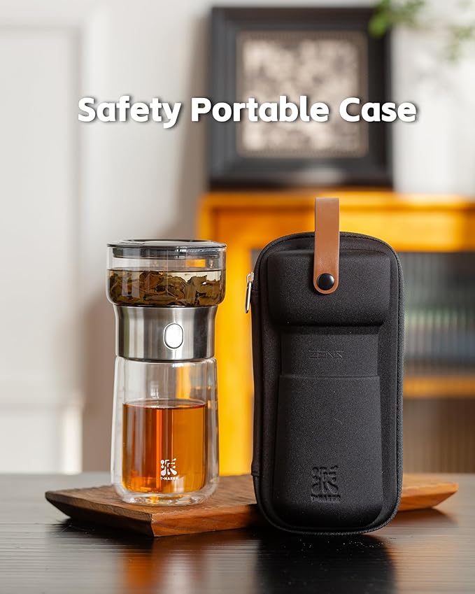 ZENS Modern Glass Tea Infuser Teapot, Smart One Touch Tea Maker for Loose Tea Diffusers with Insulated Mug and Portable Tea Kits, Cool Gongfu Tea Pot for Black Tea Lover Gifts