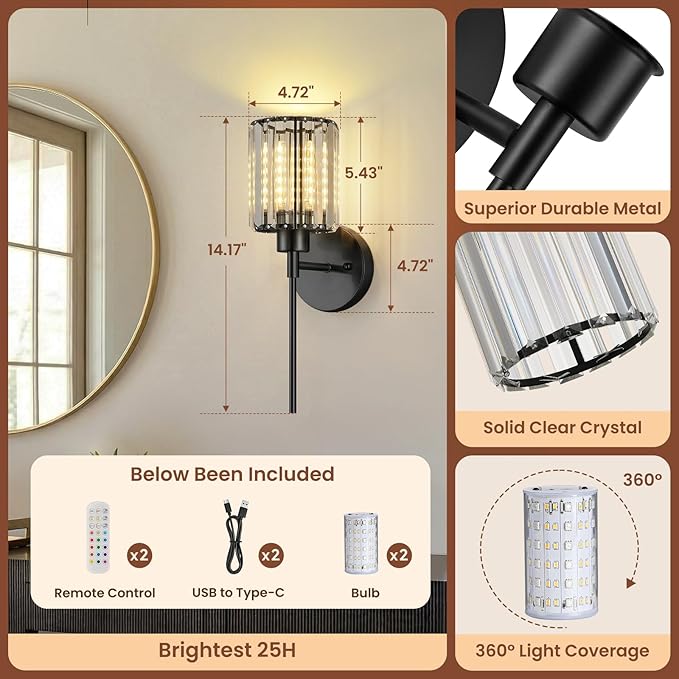 Crystal Battery Operated Wall Sconces, 12 Colors and 3CCT Dimmable Crystal Wall