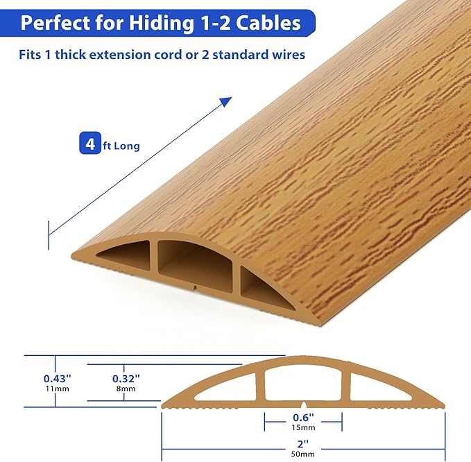 Floor Cord Cover 4ft, Yellow Oak Wood Cord Hider Floor Hide Extension Cords, PVC Cable Management Cover, Cable Protector Wire Cavity W0.6in x H0.32in