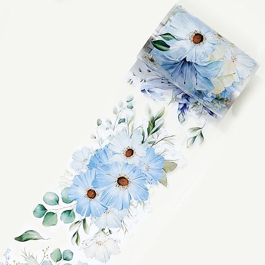 WT Serene Wide PET Tape, Single Roll, Original Designs, Watercolor Blue Flower Decorative Tape, Transparent Clear Adhesive Tape, Journal Scrapbook Bujo Planner DIY Craft Supplies