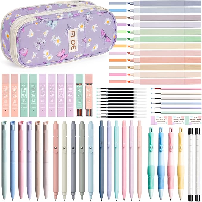 65PCS Aesthetic School Supplies with Cute Pencil Case, Pastel Highlighters Gel Pens Mechanical Pencils Set 0.5 0.7 & 2.0mm, Office Back to School Supplies College Essentials Kit Student Stationary Set
