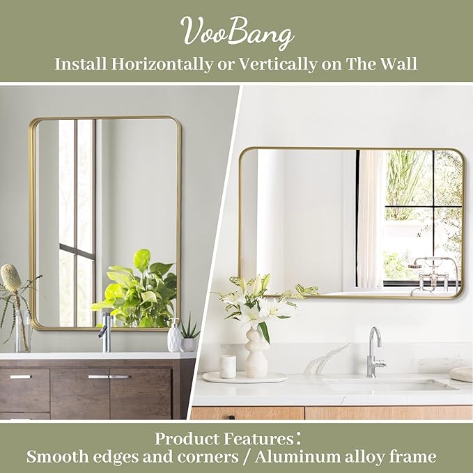 VooBang Bathroom Mirror 24x36 inch, Modern Round Corner Bathroom Vanity Mirror
