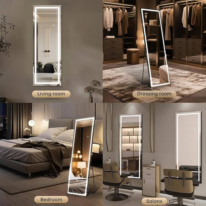 Kosmonia 65x22 Frameless Full Length Mirror, Dimmable 3 Color LED Light