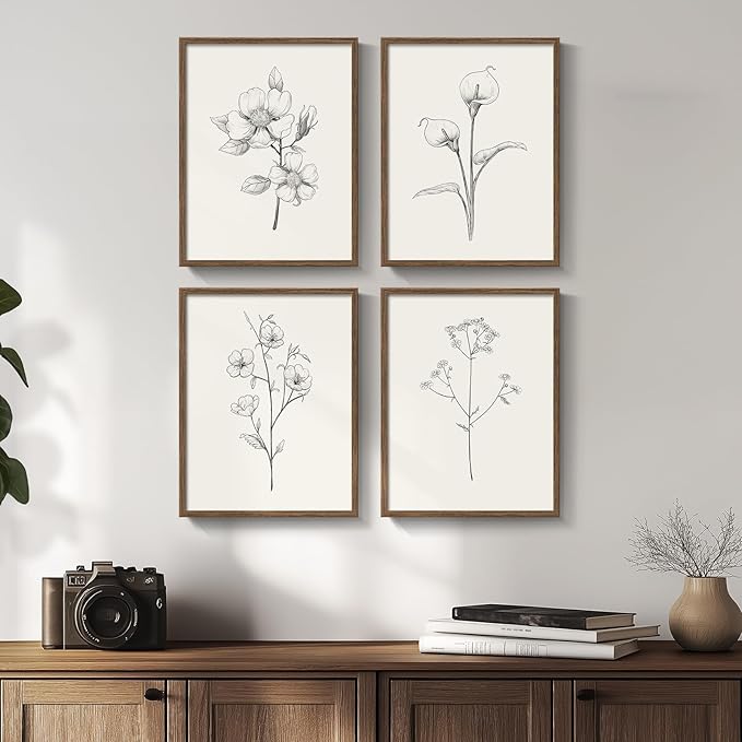 Vintage Floral Wall Art with Walnut Framed, 4 Piece Farmhouse Black and White