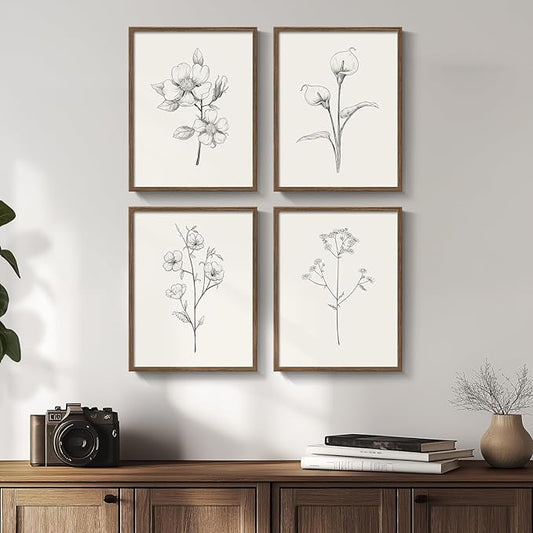 Vintage Floral Wall Art with Walnut Framed, 4 Piece Farmhouse Black and White
