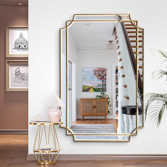 HQiJun Gold Mirror for Wall, Polished Bevelled Rectangle Mirror, Modern