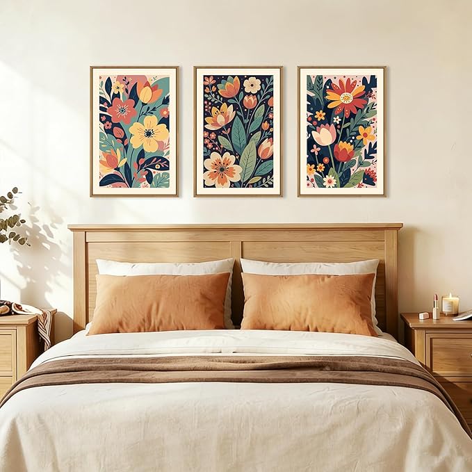 KAIRNE Vintage Colorful Floral Framed Canvas Wall Art Set,Mid Century Modern Flower Wall Decor,Retro Wildflower Art Prints,Boho Botanical Artwork for Living Room,Bedroom,Farmhouse,Office-24 x36 x3