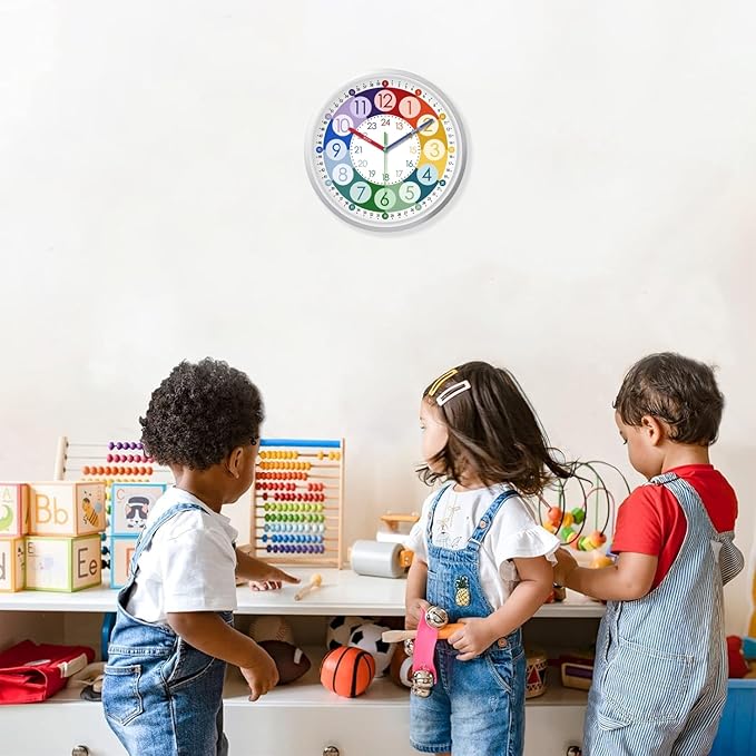 XFM Learning Clock for Kids 8 Inch Silent Wall Clocks Battery Operated Colorful