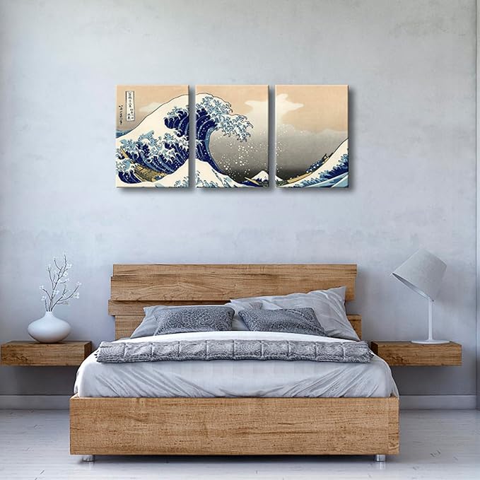 Wieco Art Great Wave of Kanagawa Katsushika Hokusai 3 Piece Modern Canvas