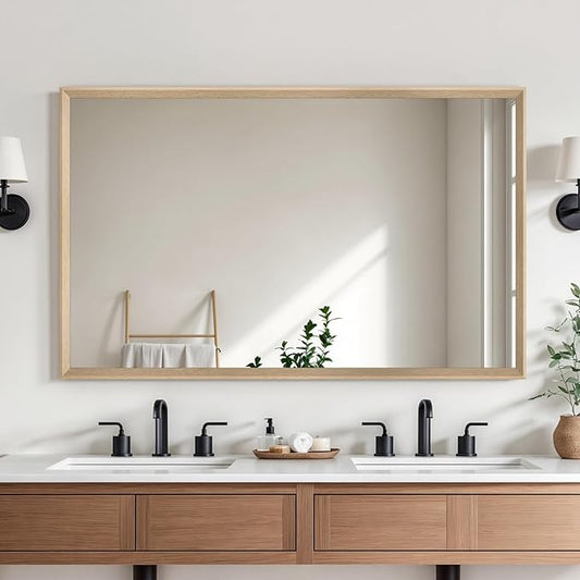 Oak Wood Effect Framed Wall Mirror, 30x48 Rectangle Mirror, Anti-desilvering