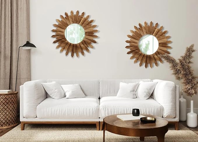LOSOUR 2 Pack 22 Inch Boho Wall Sunburst Mirror Rustic Round Wood Decorative