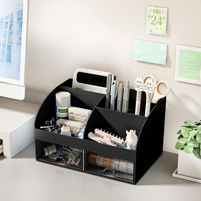 Desk Organizer with 6 Compartments and 2 Drawers, Plastic Makeup Organizer, Pen Holder for Desktop Storage, Desk Organization for School, Home, Office Supplies (Black)