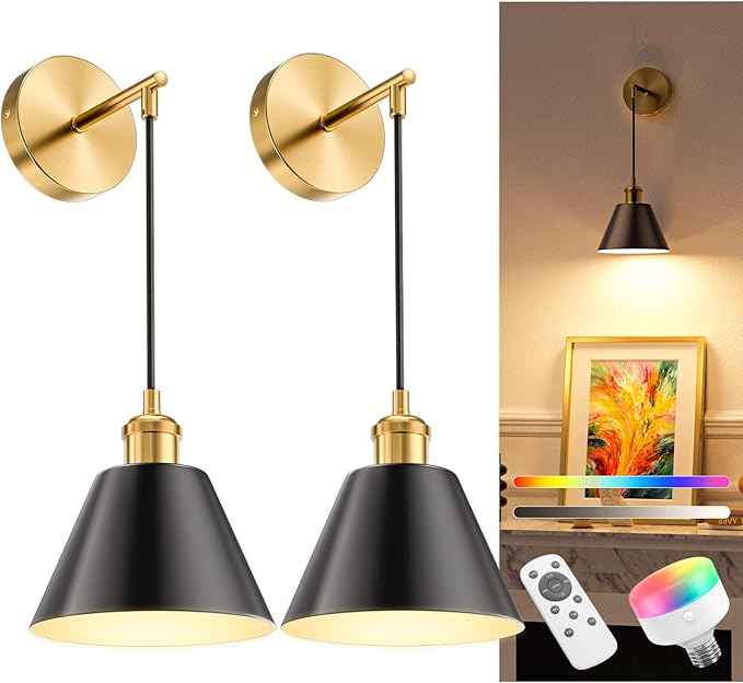 NIORSUN Gold & Black Battery Operated Wall Sconce Set of 2, 5200mAh Dimmable