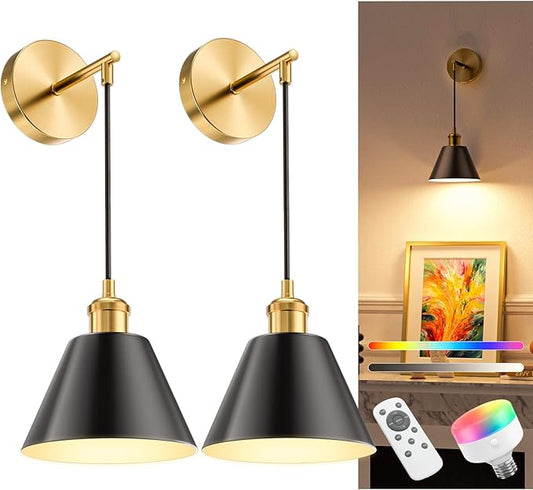 NIORSUN Gold & Black Battery Operated Wall Sconce Set of 2, 5200mAh Dimmable