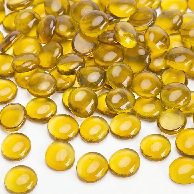 FUTUREPLUSX 5Lb Flat Glass Marbles, Amber Yellow Vase Filler Beads Flat Gems Decorative Glass Stones for Table Scatter Hydroponic Plant Decor