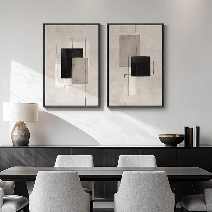 Framed Neutral Abstract Wall Art Set of 2, Minimalist Block Lines Pictures