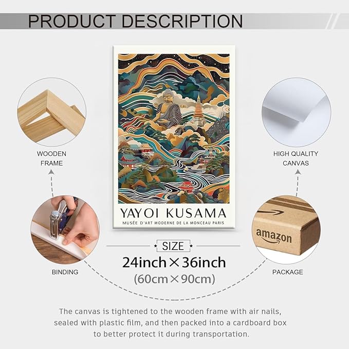 Yayoi Kusama Framed Wall Art Vintage Japanese Poster 24X36 in Abstract Buddha