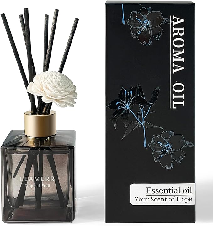LEAMERR Reed Diffuser Set, 6.1 oz (180 ml) Tropical Fruit Scented Diffuser with Sticks Long-Lasting Home Fragrance Reed Diffuser for Home Room Office Bathroom Shelf Decor