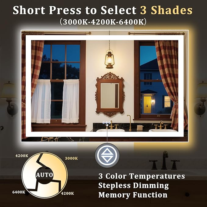 LED Bathroom Mirror, Backlit + Front Lit, 3 Color Modes, Memory Function