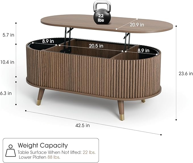 JOINICE 42.5" Oval Lift Top Coffee Table with Storage, Mid Century Modern Walnut Center Table with Fluted Design, Solid Wood Legs & Hidden Compartment, Pop Up Cocktail Table for Living Room