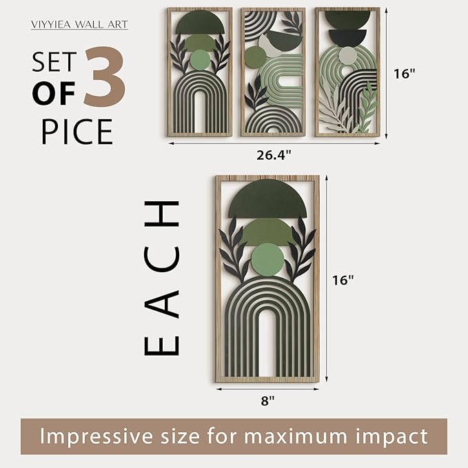 VIYYIEA Boho Solid Wood Carved Wall Art Set of 3, Geometric Minimalist Wooden