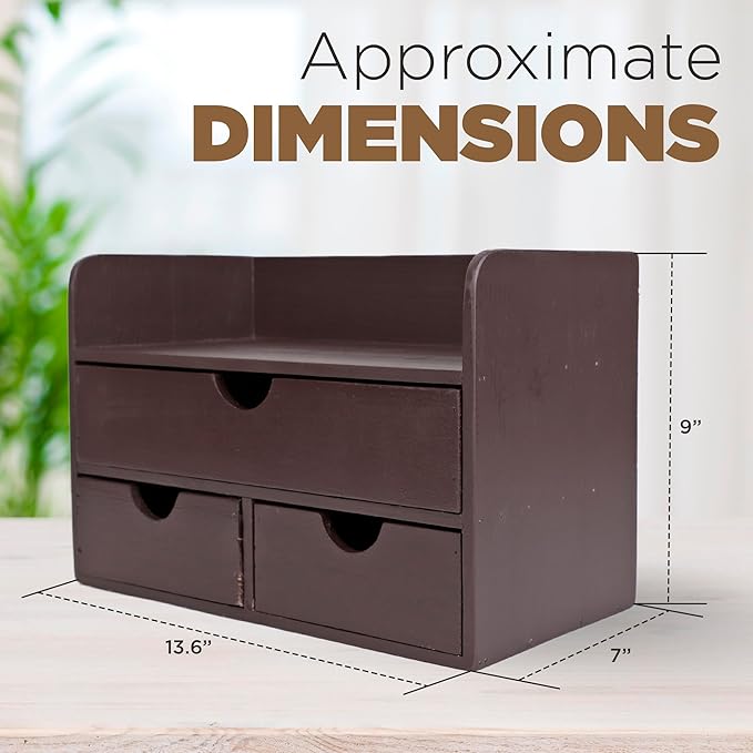 Besti Wooden Office Desk Organizer - Organizing Tool for Desktop, Cubicle, Bedroom, Kitchen - Vintage Style Organization Caddy with Top Tray Shelf & 3 Drawers - 13.6x9x7 Inches (Dark Brown)