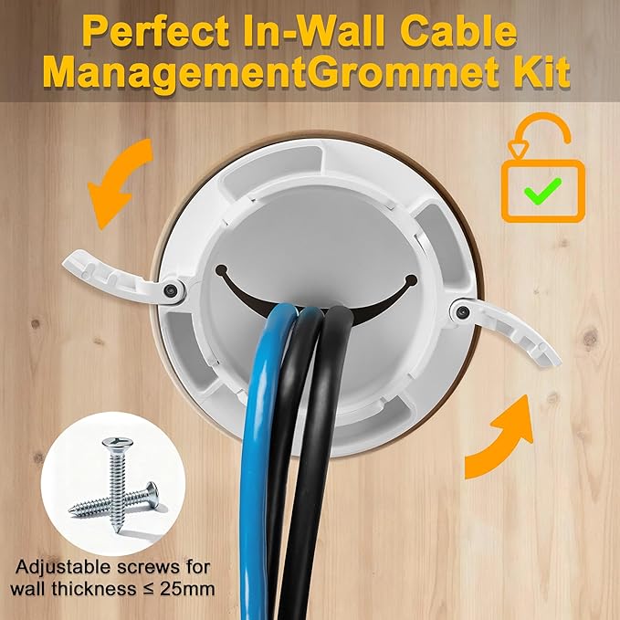 ZhiYo in-Wall Cable Management Kit for TV, White TV Cord Hider Kit, Behind Wall Cable Management for Mounted TVs, Cord Concealer Kits with 2 Wire Pass Throughs and 1 Hole Saw Drill Attachmen