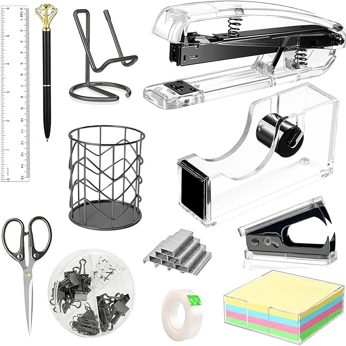 Office Desk Accessories, Acrylic Stapler, Staple Remover, Tape Holder, Pen Holder, Ballpoint Pen, Scissor, Binder Clips, 1000pcs Staples, Phone Holder, Ruler, Transparent Glue and 300 Notes