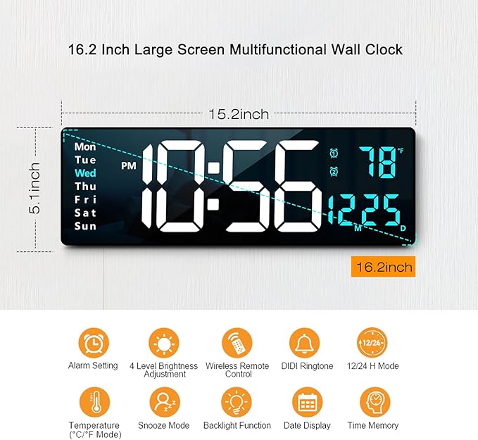 Abovsare 16.2 Inch Large Display Wall Clocks, LED Digital Clock