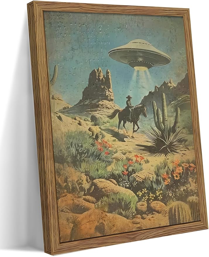 Framed Vintage Intergalactic Western Canvas Wall Art, Alien UFO Abducting Cowboy