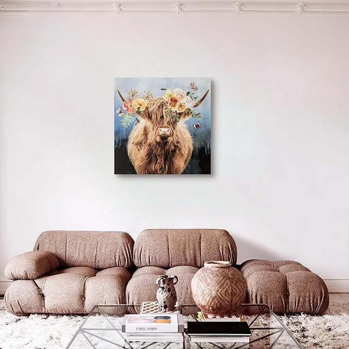 Hand-Painted Highland Cow Canvas Wall Art, Lovely Cow