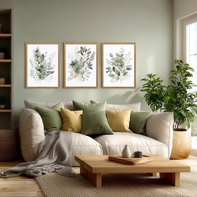 LLEEMPI Sage Green Wall Art Set of 3, Modern Watercolor Botanical Wall Decor