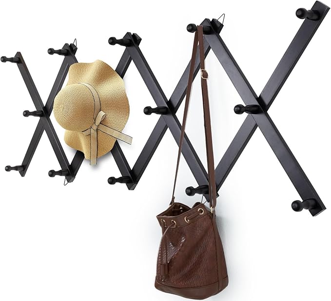 SCUNDA Wall Rack with 14 Hooks, Wooden Wall Expandable Coat Rack