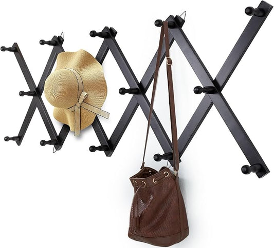 SCUNDA Wall Rack with 14 Hooks, Wooden Wall Expandable Coat Rack
