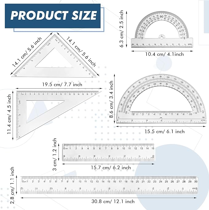 Tenare 6 Pcs Plastic Ruler Math Set Includes 12 Inch 6 Inch Straight Protractor Triangle Geometry Transparent Math Ruler Measuring Tools for School Office Home(Clear)