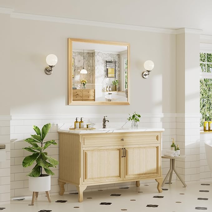 40x36 Inch Bathroom Mirror for Wall, Anti-Rust Oak Wood Grain Metal Framed