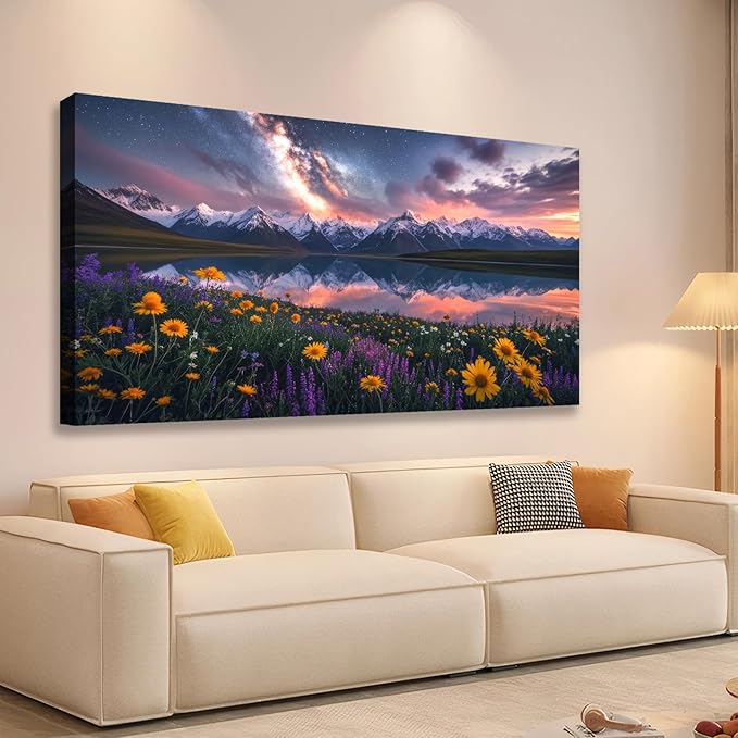 JLXART Wall Art Yellow Sunflower Field Canvas Mountain Artwork Landscape Print for Living Room Framed 20x40inch