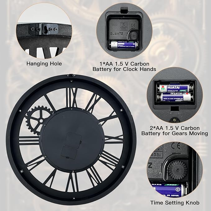 The B-Style Large Wall Clock 24 inch Moving Gear Wall Clock Oversized Vintage