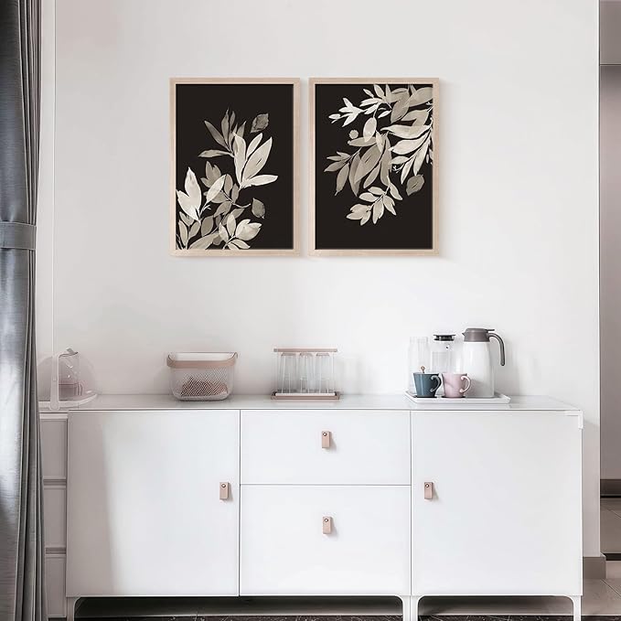 Framed Vintage Canvas Wall Art Botanical Leaves Poster Picture Countryside Painting Nature Landscape Modern Home Print Living Room Gallery Office Ready to Hang 16x24 inches x2
