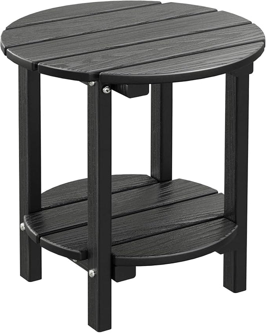 2 Tier Round Outdoor Side Table with Wood-Like Grain, HDPE Adirondack Table Patio Side Table, Weather Resistant End Table for Pool, Patio & Porch, Small Outdoor Table(Black, Round)