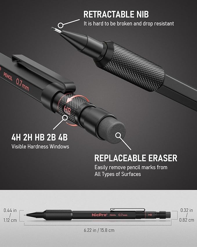 Nicpro 0.7 mm Mechanical Pencil Set with Case, 3PCS MP2000 Metal Artist Mechanical Pencil With 6 Tube HB Lead Refills, Eraser, Weatherproof Barrel for Outdoor Writing Drafting Drawing Sketching