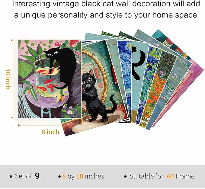 9Pcs Funny Black Cat Wall Art Cats in van gogh Famous Paintings Posters Prints