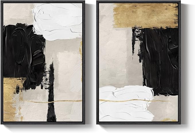 Framed Black White and Gold Abstract Wall Art