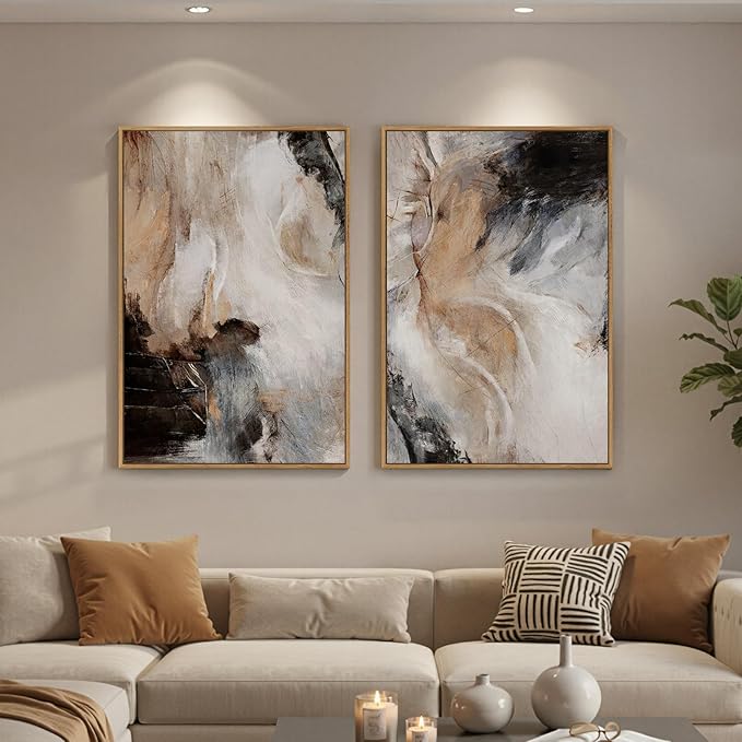 Large Framed Neutral Abstract Set of 2 Wall Art