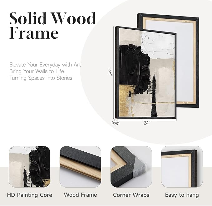 Framed Black White and Gold Abstract Wall Art