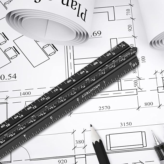 12" Architectural Scale Ruler Aluminum Architect Scale Triangular Scale Ruler for Architects, Draftsman, Students and Engineers, Black
