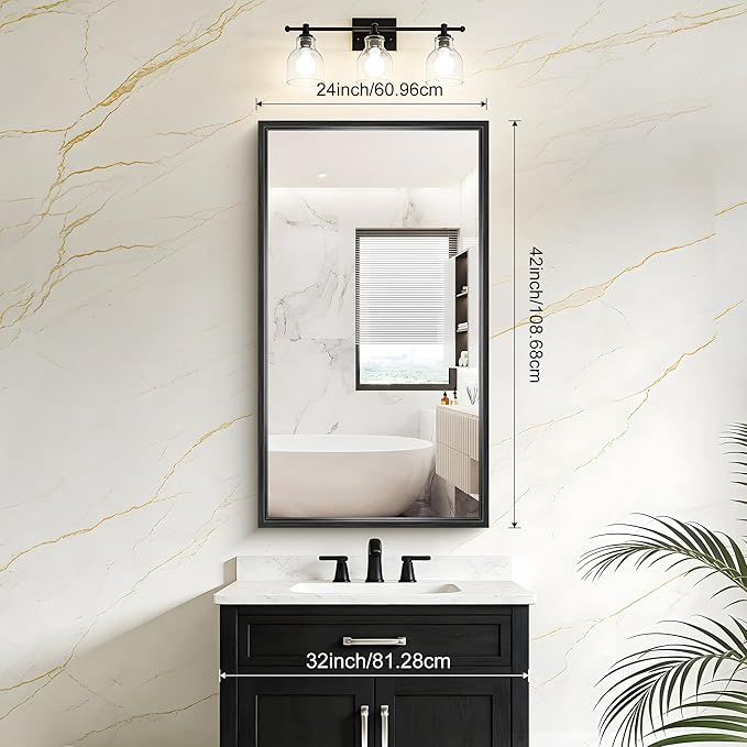 Black Framed Mirror 24"x42", Brushed Black Bathroom Mirrors